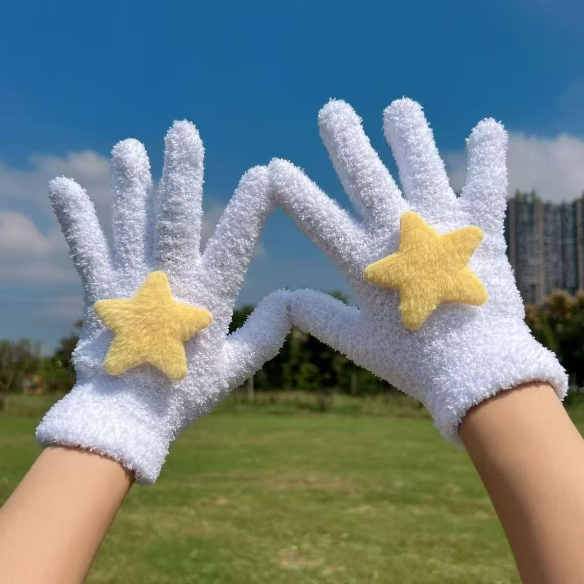Women'S Fashion Cute Autumn And Winter Velvet Warm Star Five-Finger Plush Gloves