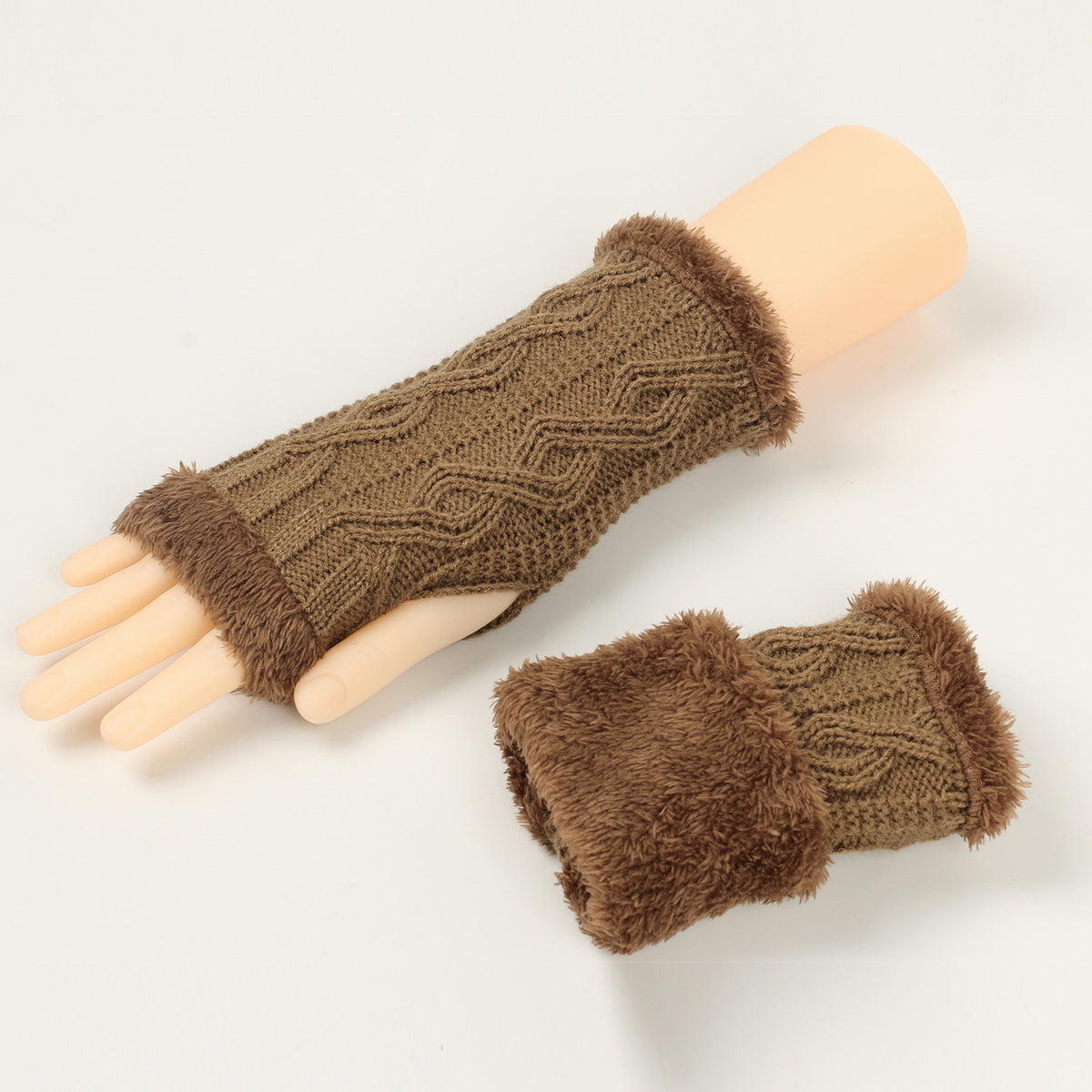 Autumn And Winter Women Fashion Plush Diamond Knitted Thickened Half Finger Gloves