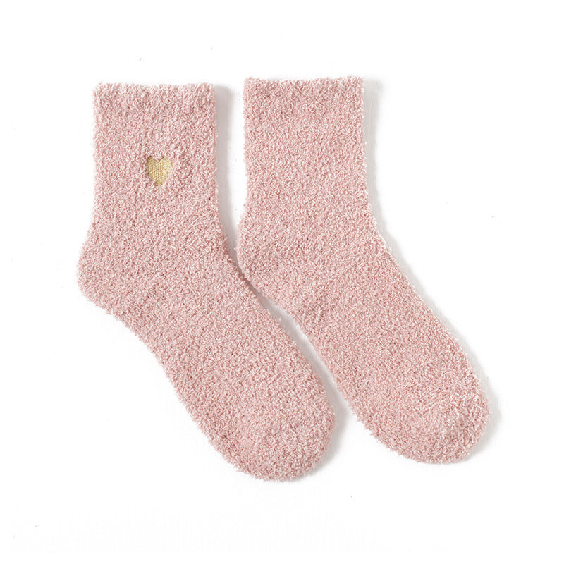 Women Fashion Coral Fleece Love Heart Embroidered Socks