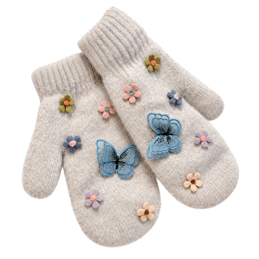 Fashion Butterfly And Flower Decorated Knitted Mittens For Women Solid Color Daily Gloves