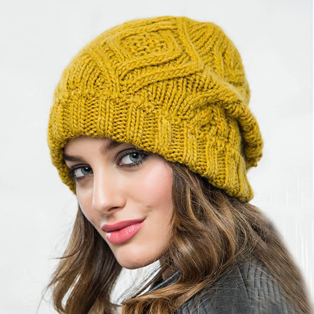 Fashion Diamond Pattern Solid Color Thick Wool Knitted Hat Beanie