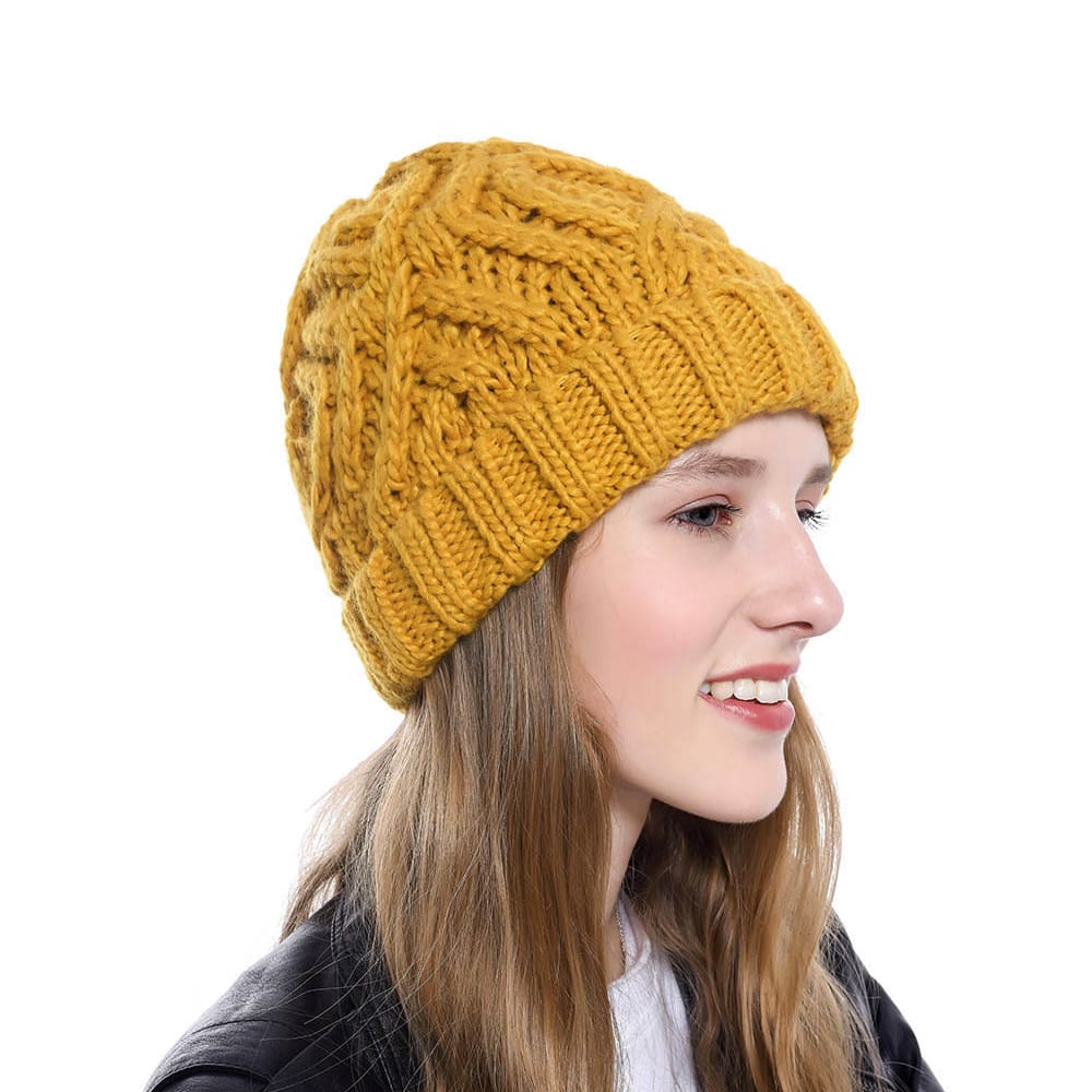 Fashion Diamond Pattern Solid Color Thick Wool Knitted Hat Beanie