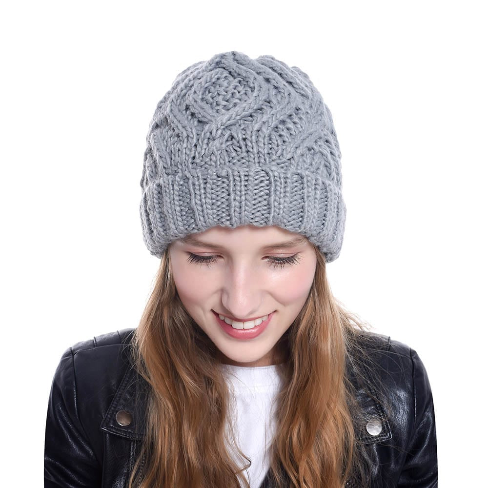 Fashion Diamond Pattern Solid Color Thick Wool Knitted Hat Beanie