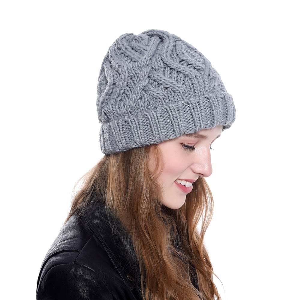 Fashion Diamond Pattern Solid Color Thick Wool Knitted Hat Beanie