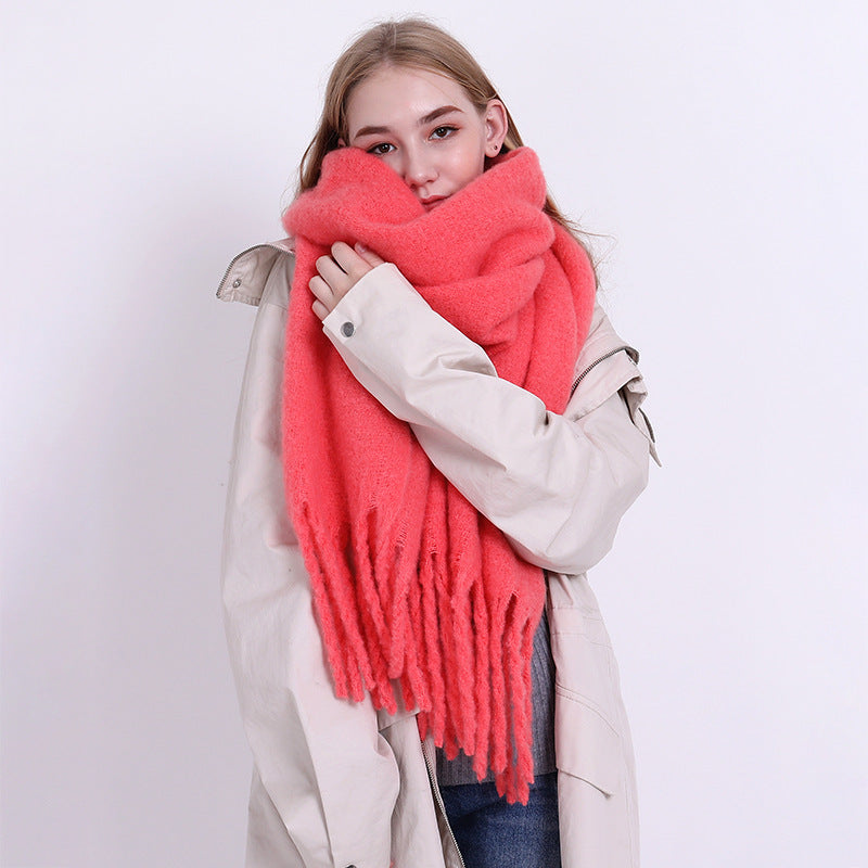 Women Winter Solid Color Tassel Pattern Thick Scarves