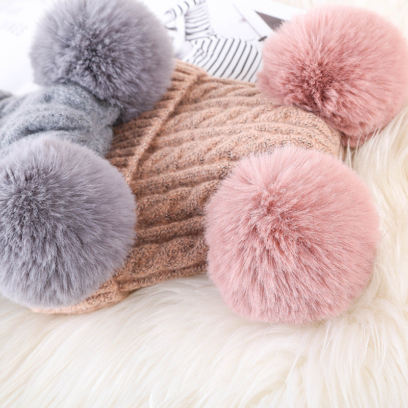 Women Plush Winter Knitted Fluffy Ball Warm Bell Hat