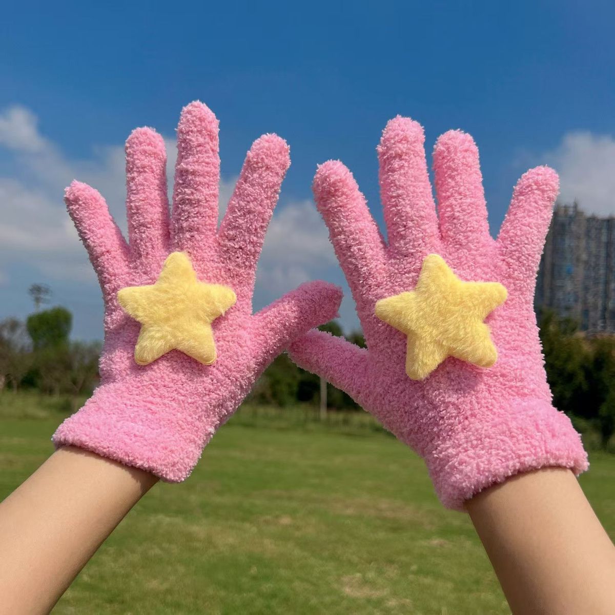 Women'S Fashion Cute Autumn And Winter Velvet Warm Star Five-Finger Plush Gloves