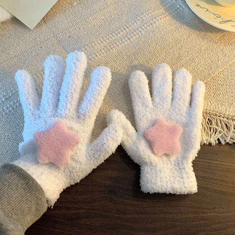 Women'S Fashion Cute Autumn And Winter Velvet Warm Star Five-Finger Plush Gloves