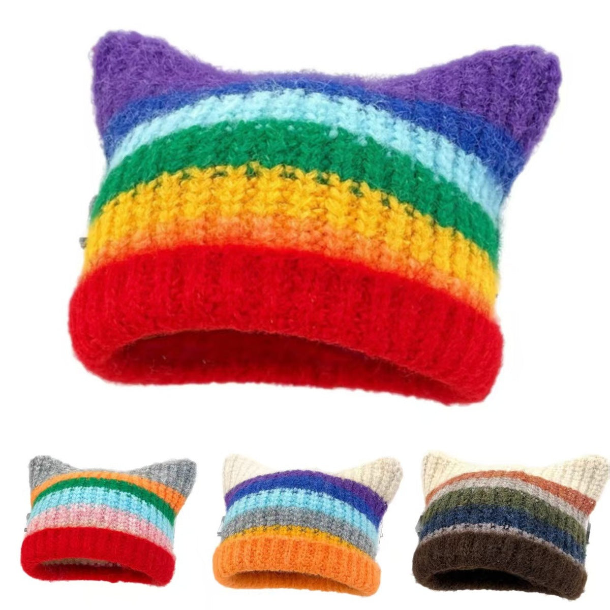 Women Fashion Casual Autumn And Winter Rainbow Stripe Cat Ear Thickened Warm Knitted Hat