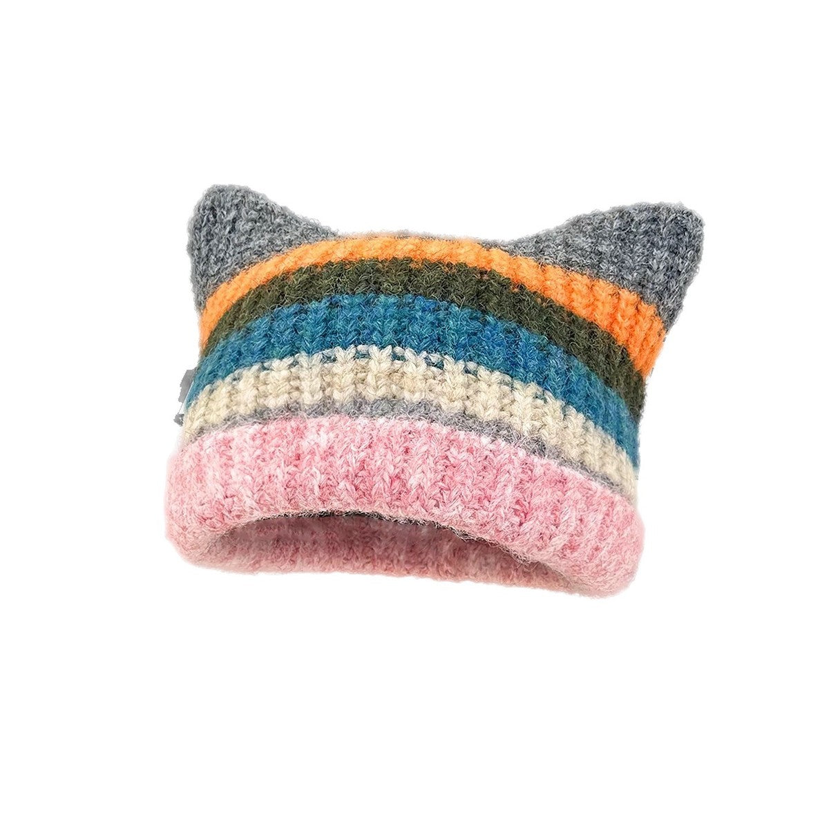 Women Fashion Casual Autumn And Winter Rainbow Stripe Cat Ear Thickened Warm Knitted Hat