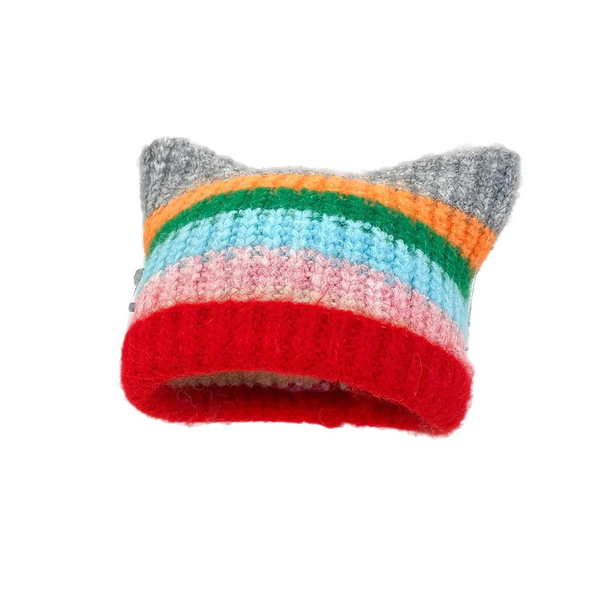 Women Fashion Casual Autumn And Winter Rainbow Stripe Cat Ear Thickened Warm Knitted Hat