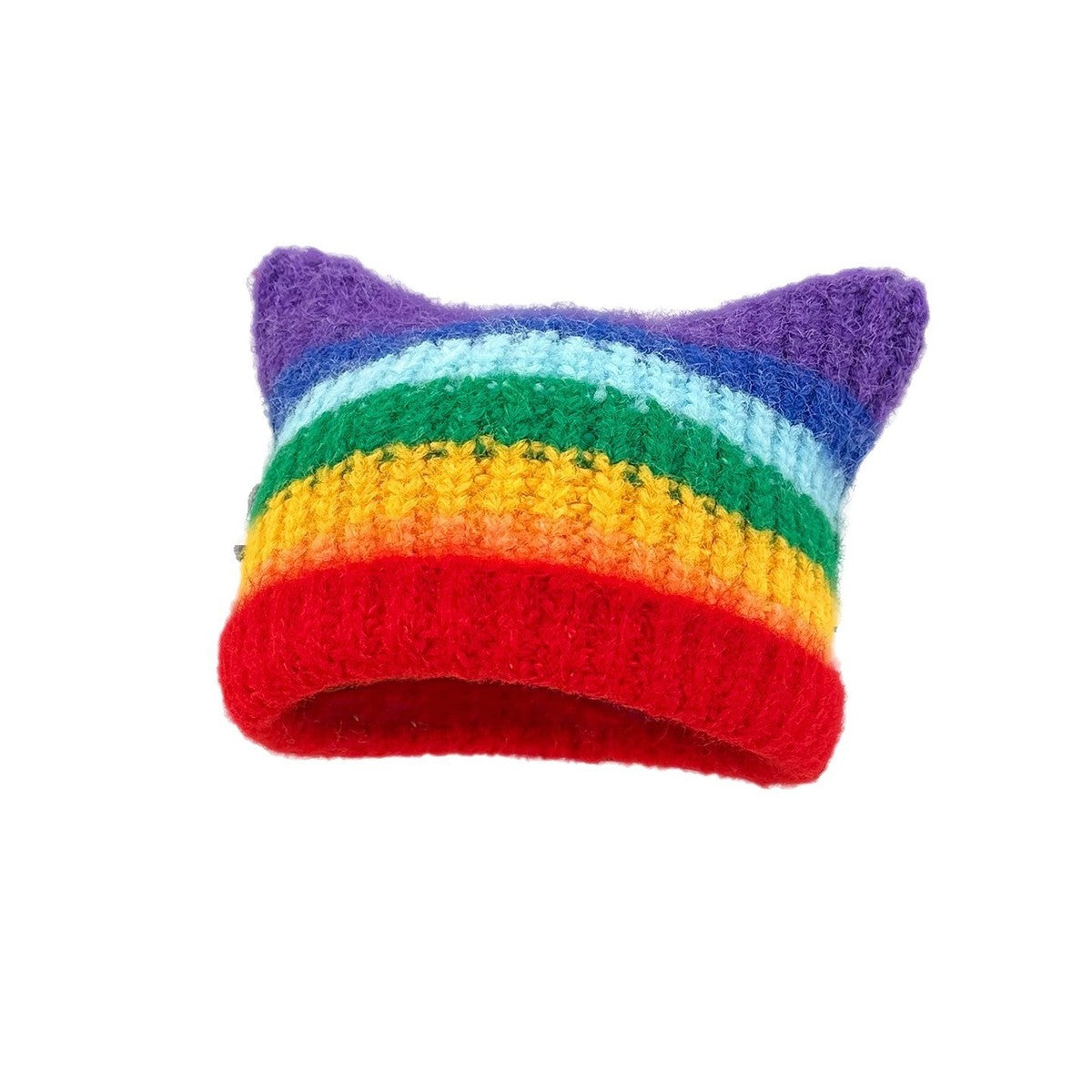 Women Fashion Casual Autumn And Winter Rainbow Stripe Cat Ear Thickened Warm Knitted Hat