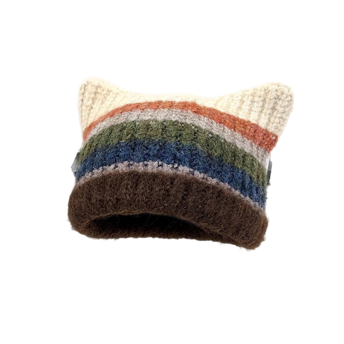 Women Fashion Casual Autumn And Winter Rainbow Stripe Cat Ear Thickened Warm Knitted Hat