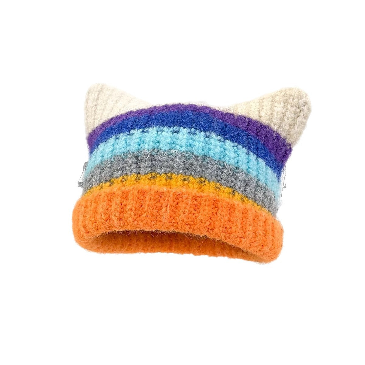 Women Fashion Casual Autumn And Winter Rainbow Stripe Cat Ear Thickened Warm Knitted Hat