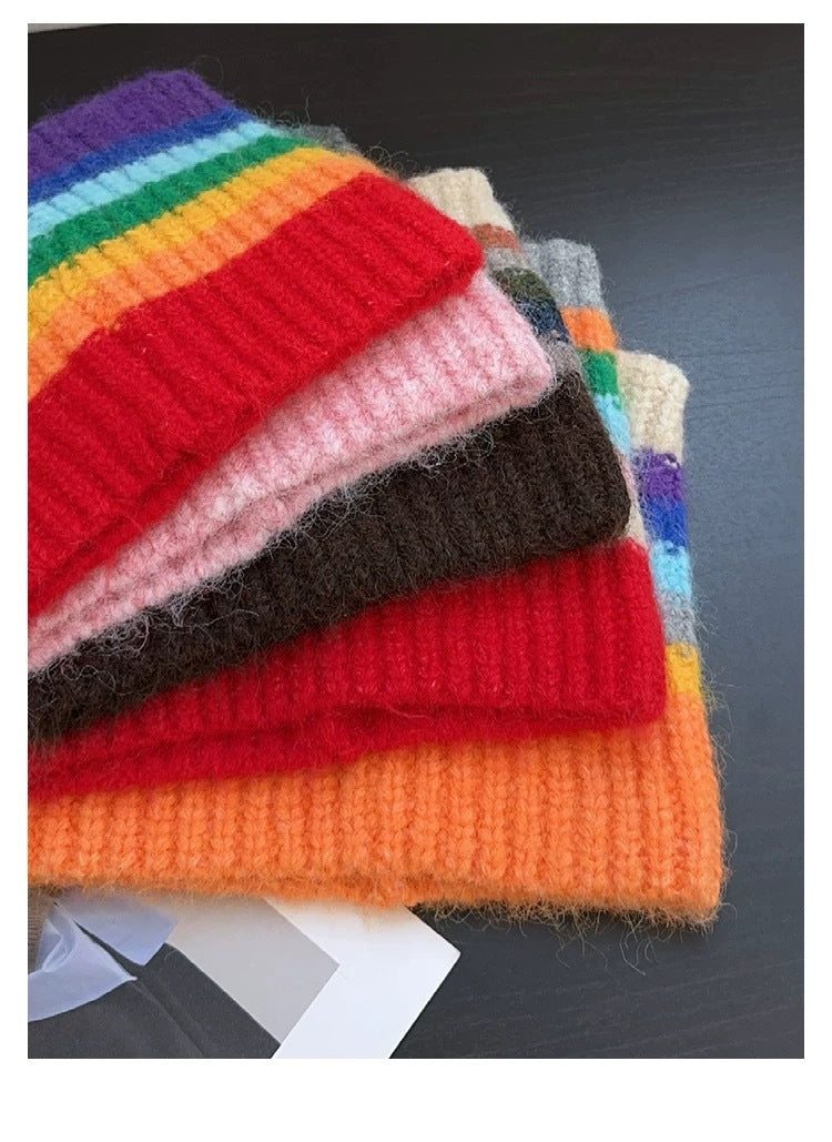 Women Fashion Casual Autumn And Winter Rainbow Stripe Cat Ear Thickened Warm Knitted Hat
