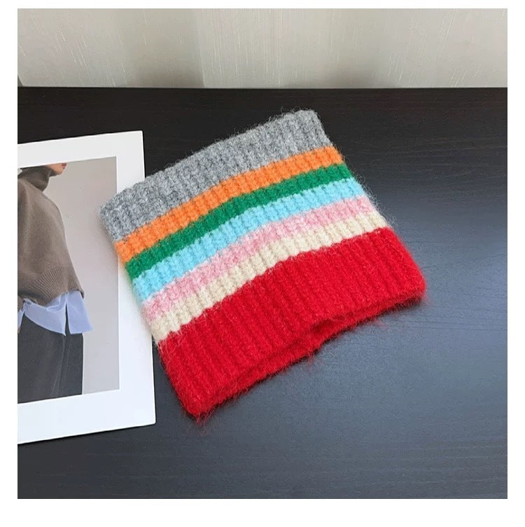 Women Fashion Casual Autumn And Winter Rainbow Stripe Cat Ear Thickened Warm Knitted Hat