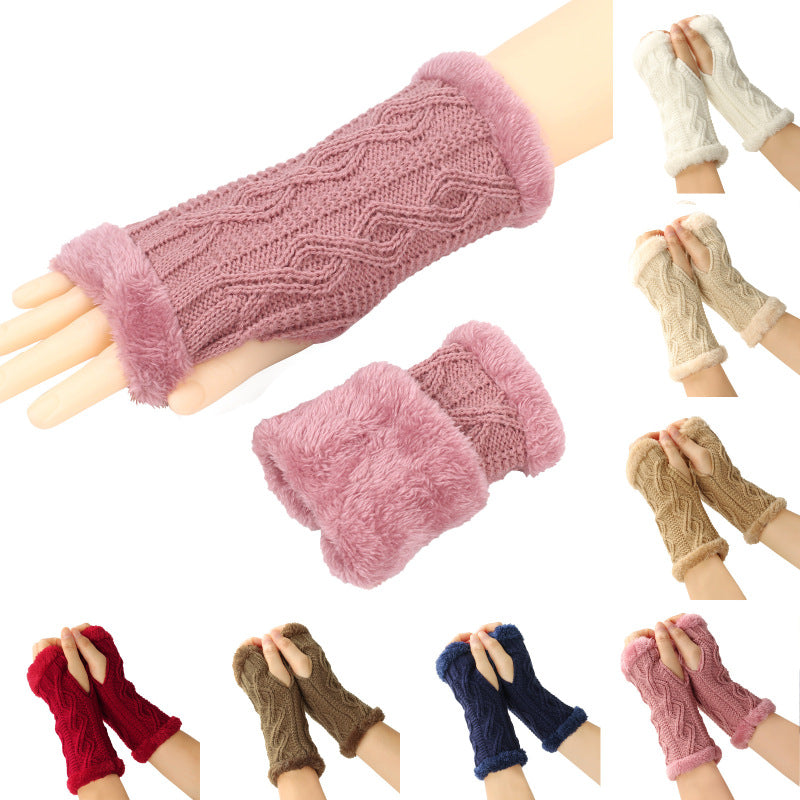 Autumn And Winter Women Fashion Plush Diamond Knitted Thickened Half Finger Gloves
