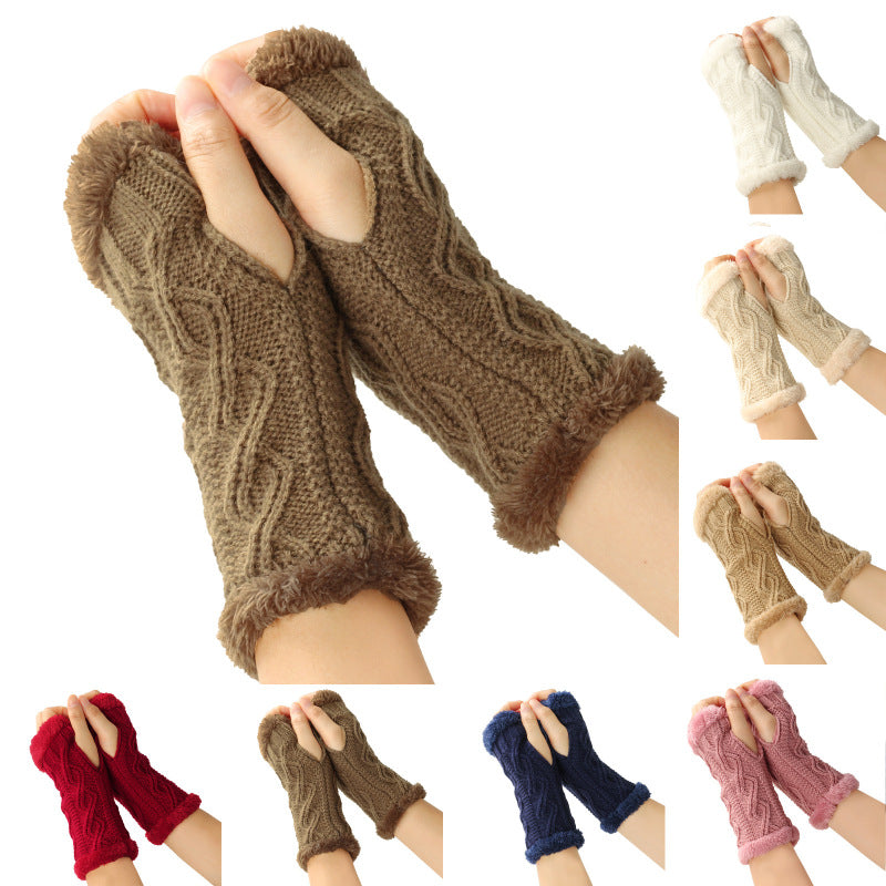 Autumn And Winter Women Fashion Plush Diamond Knitted Thickened Half Finger Gloves