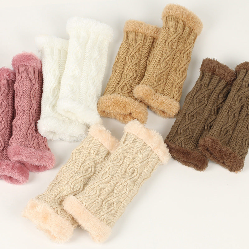 Autumn And Winter Women Fashion Plush Diamond Knitted Thickened Half Finger Gloves