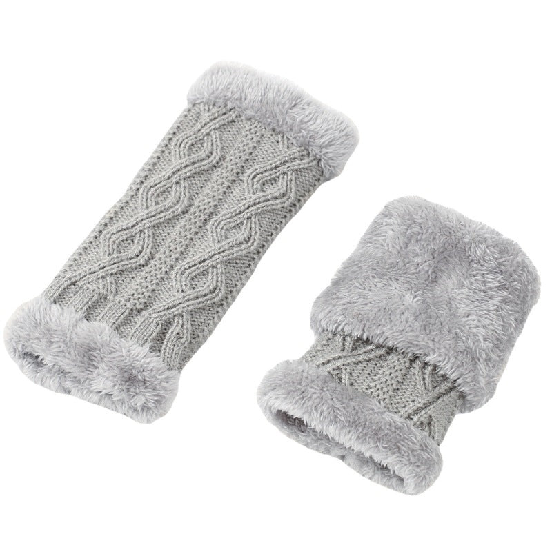 Autumn And Winter Women Fashion Plush Diamond Knitted Thickened Half Finger Gloves