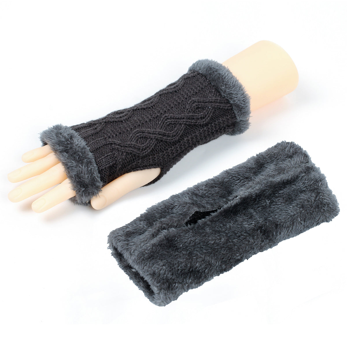 Autumn And Winter Women Fashion Plush Diamond Knitted Thickened Half Finger Gloves