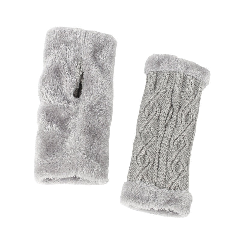 Autumn And Winter Women Fashion Plush Diamond Knitted Thickened Half Finger Gloves