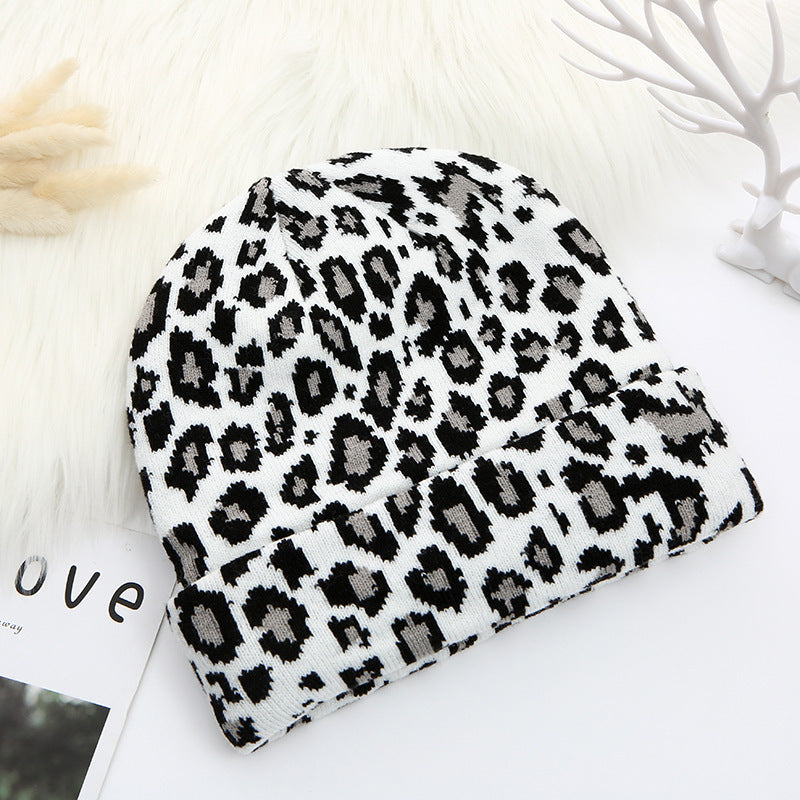 Leopard Knitted Hat Winter Warm Curled Dome Pullover Unisex Beanie