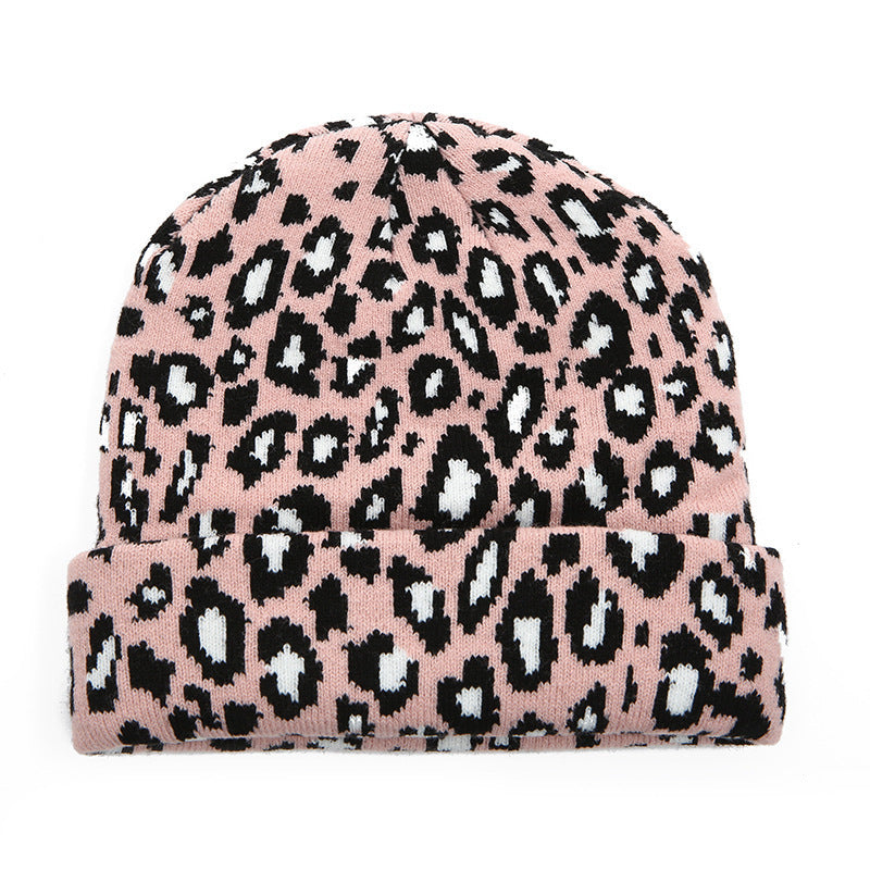 Leopard Knitted Hat Winter Warm Curled Dome Pullover Unisex Beanie