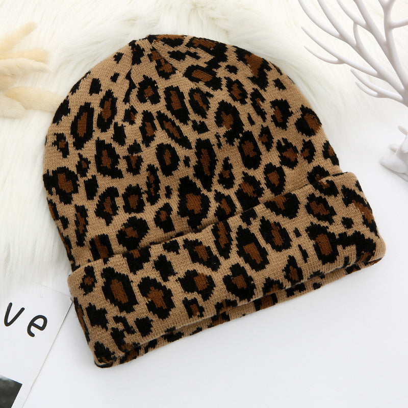 Leopard Knitted Hat Winter Warm Curled Dome Pullover Unisex Beanie