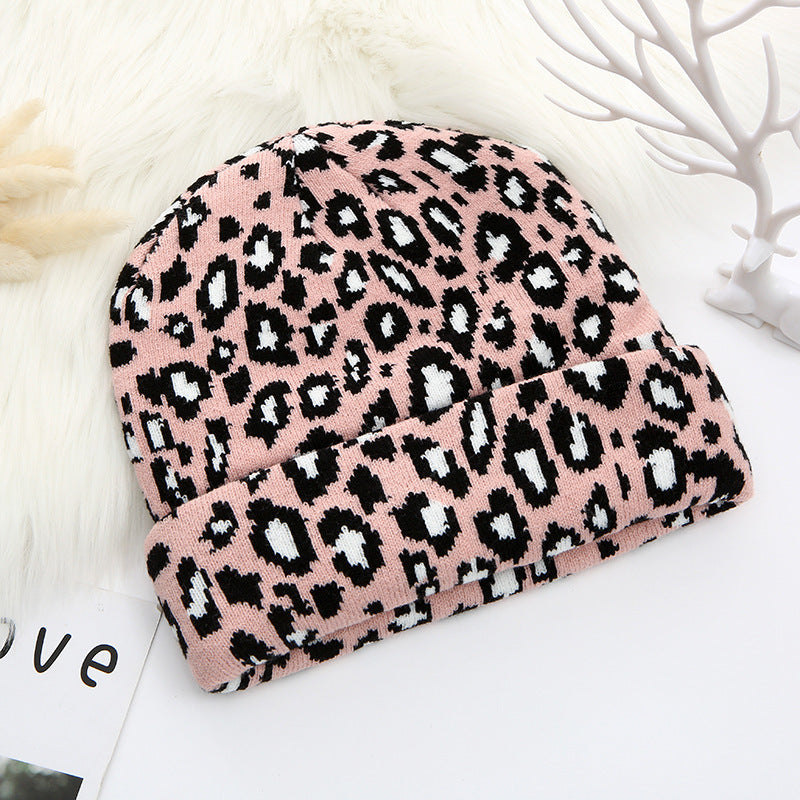 Leopard Knitted Hat Winter Warm Curled Dome Pullover Unisex Beanie