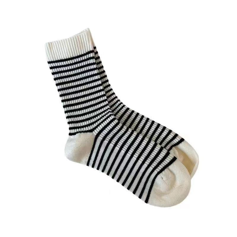 Women Cotton Thickened Stripe Crew Socks - Single Needle Knit