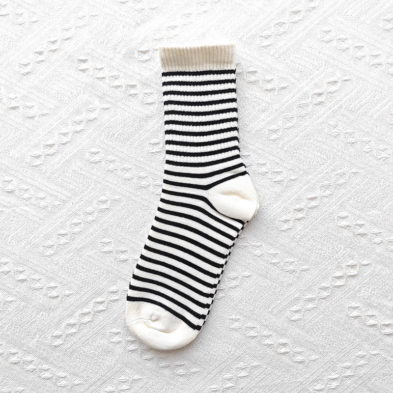 Women Cotton Thickened Stripe Crew Socks - Single Needle Knit