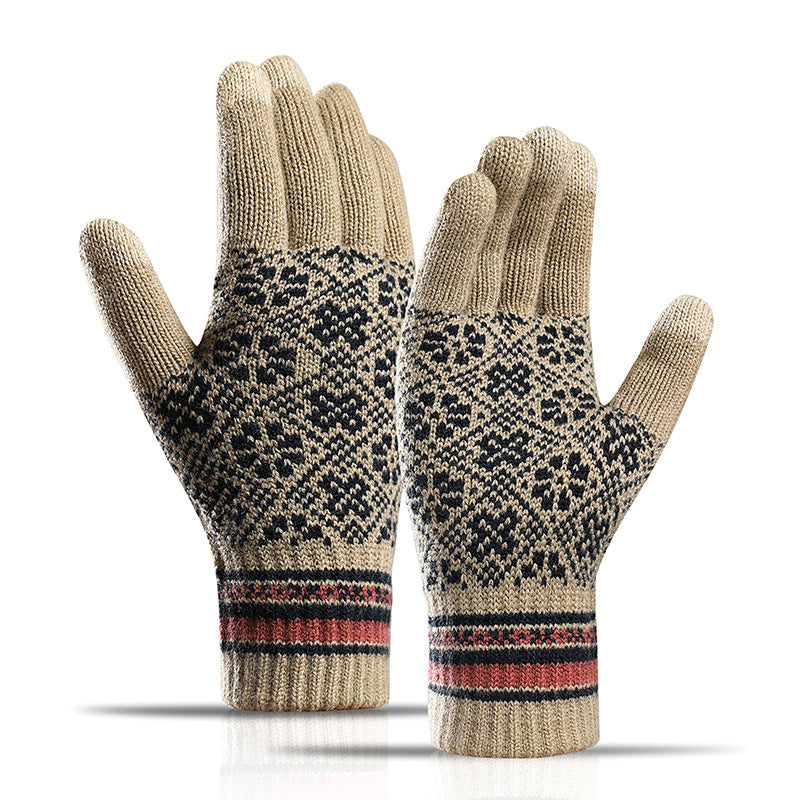 Jacquard Touch Screen Gloves for Women Fleece-Lined Thickened Warm Winter Knitted Cold-Proof Gloves