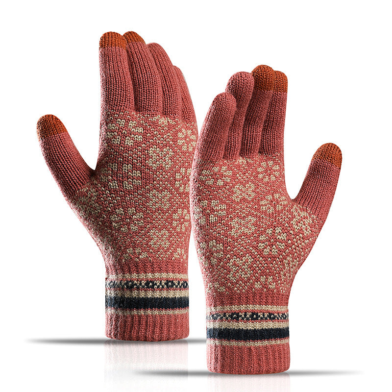 Jacquard Touch Screen Gloves for Women Fleece-Lined Thickened Warm Winter Knitted Cold-Proof Gloves
