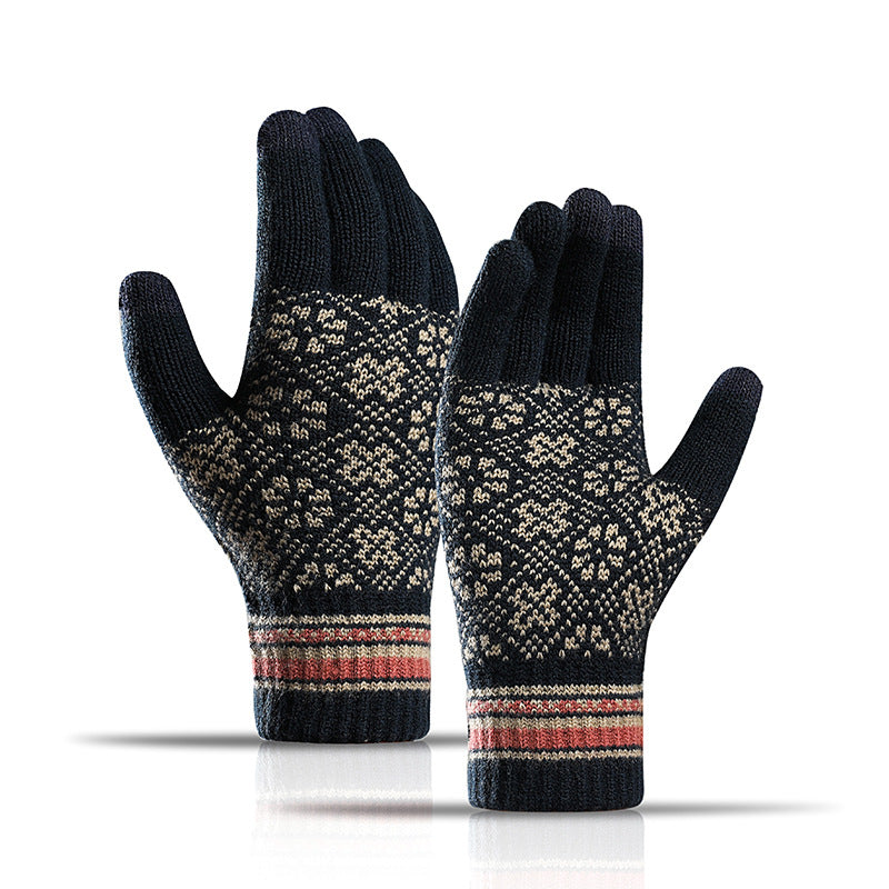 Jacquard Touch Screen Gloves for Women Fleece-Lined Thickened Warm Winter Knitted Cold-Proof Gloves