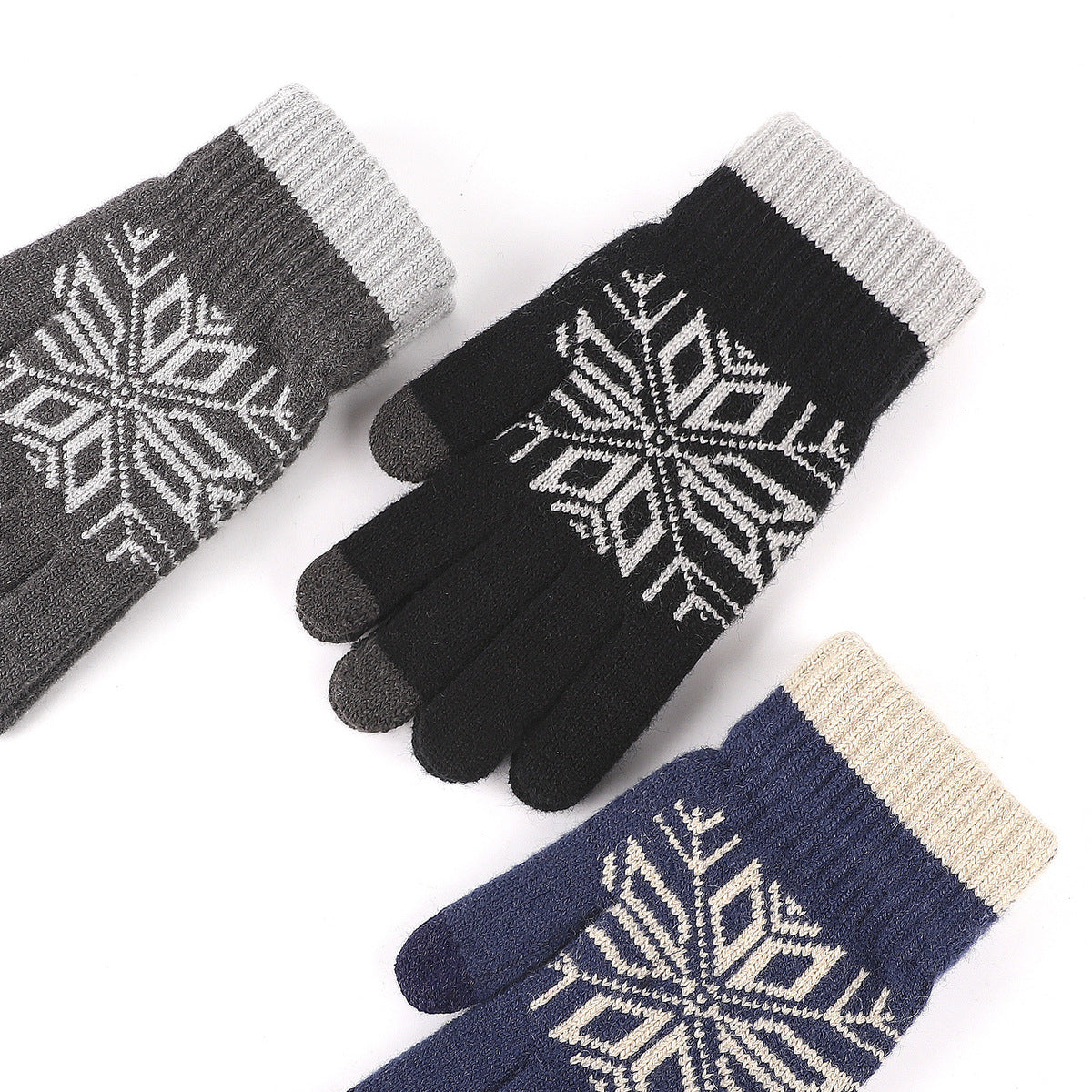 Winter Men Fashion Warm Fleece-Lined Thick Knitted Snowflake Gloves