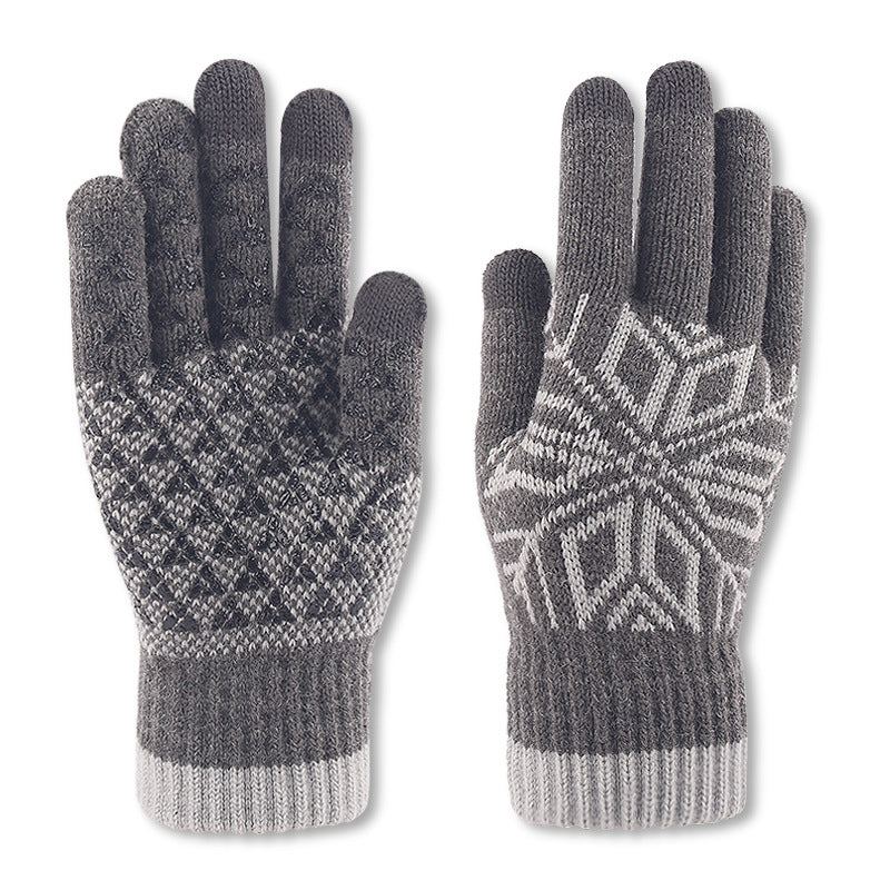 Winter Men Fashion Warm Fleece-Lined Thick Knitted Snowflake Gloves