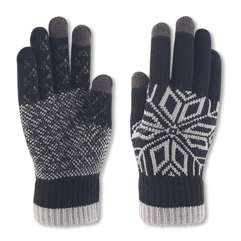 Winter Men Fashion Warm Fleece-Lined Thick Knitted Snowflake Gloves
