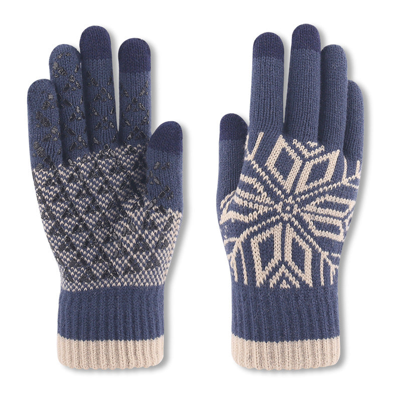 Winter Men Fashion Warm Fleece-Lined Thick Knitted Snowflake Gloves