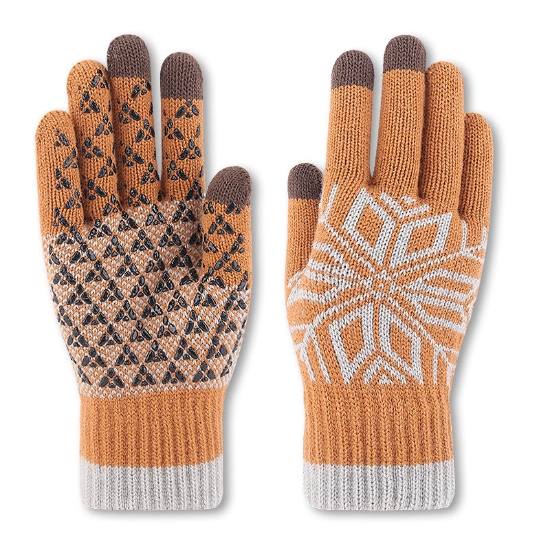 Winter Men Fashion Warm Fleece-Lined Thick Knitted Snowflake Gloves