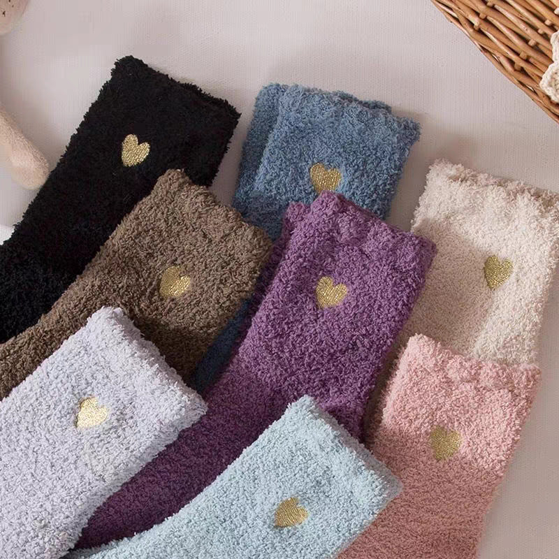 Women Fashion Coral Fleece Love Heart Embroidered Socks