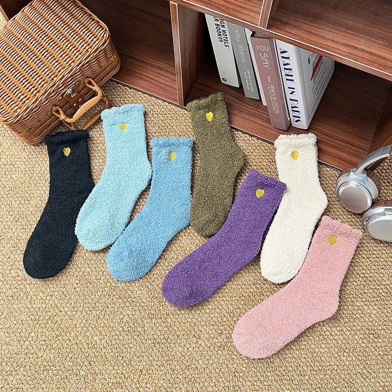 Women Fashion Coral Fleece Love Heart Embroidered Socks