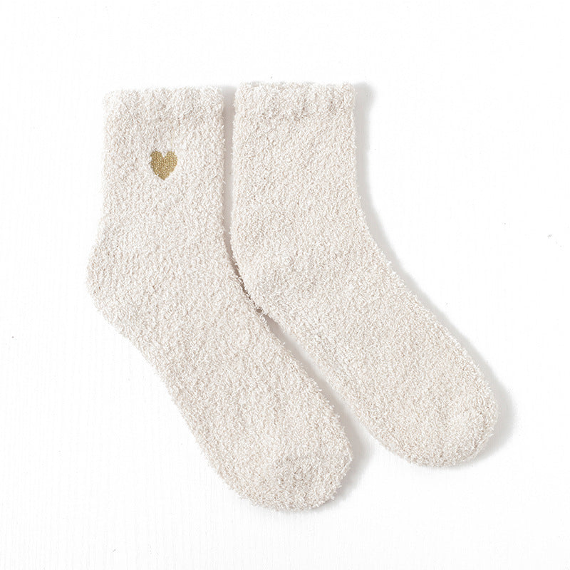 Women Fashion Coral Fleece Love Heart Embroidered Socks