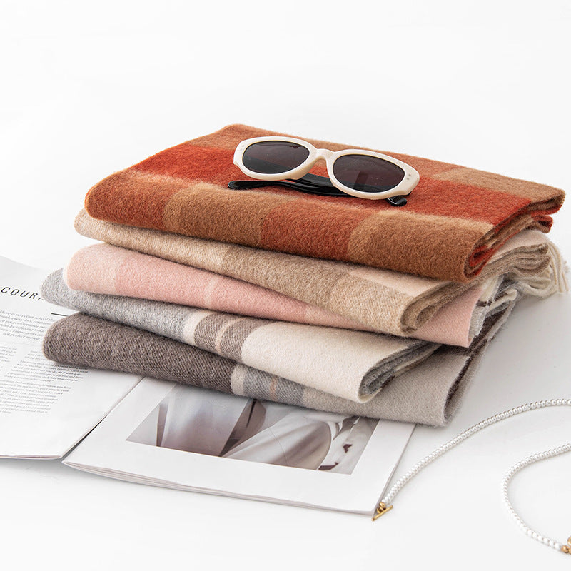 Autumn Winter Women Thick Plaid Stitching Warm Tassel Scarf