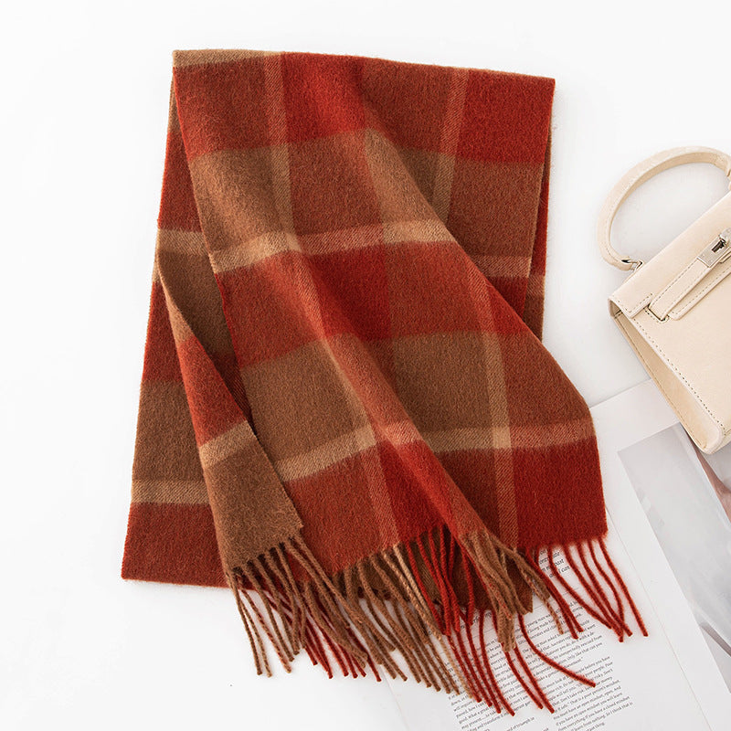 Autumn Winter Women Thick Plaid Stitching Warm Tassel Scarf
