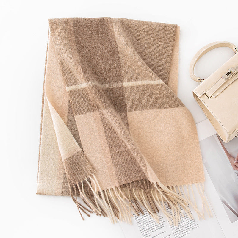 Autumn Winter Women Thick Plaid Stitching Warm Tassel Scarf