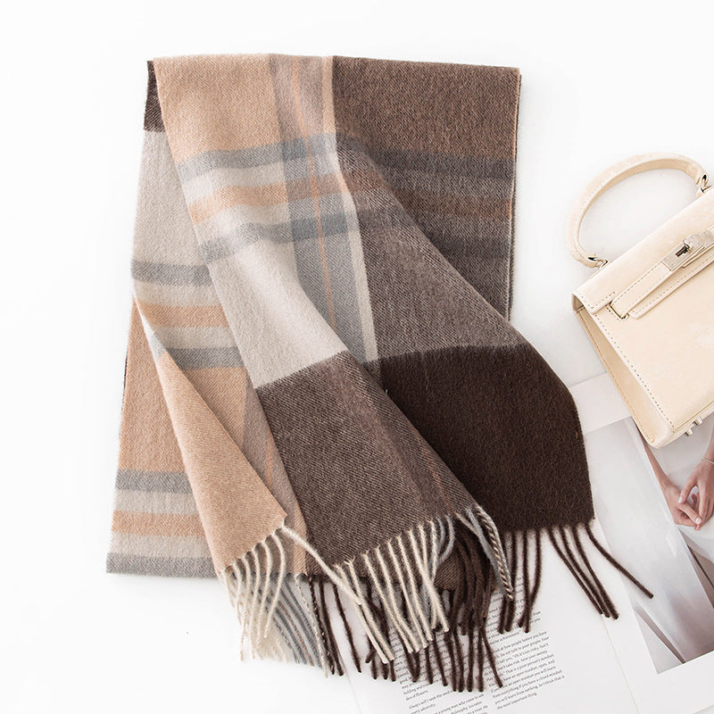 Autumn Winter Women Thick Plaid Stitching Warm Tassel Scarf