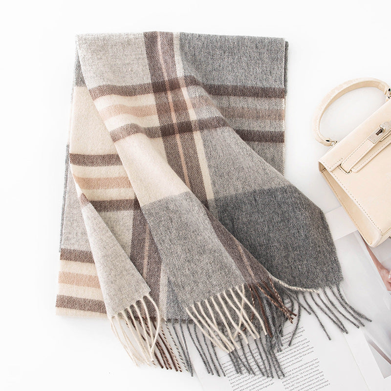 Autumn Winter Women Thick Plaid Stitching Warm Tassel Scarf