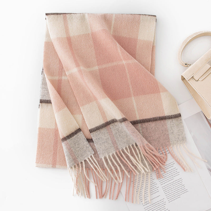 Autumn Winter Women Thick Plaid Stitching Warm Tassel Scarf