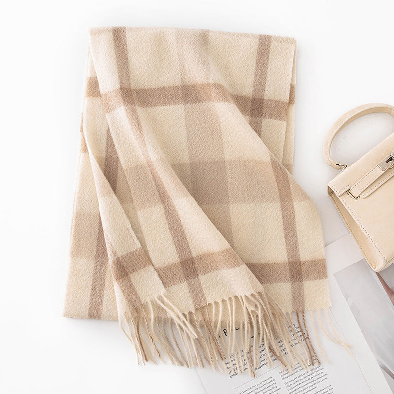 Autumn Winter Women Thick Plaid Stitching Warm Tassel Scarf